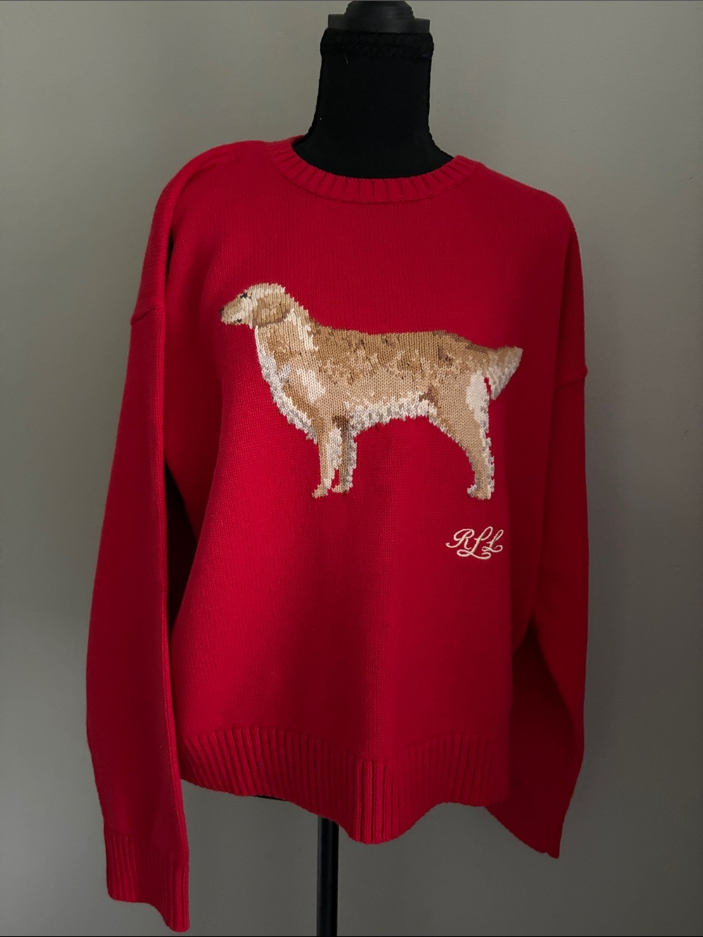 Ralph Lauren Red Crewneck Sweater with Golden Retriever